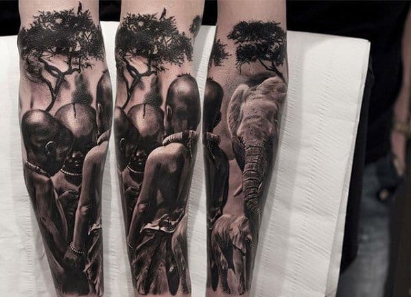 Unique Mens 3d Realistic Africa Themd Forearm Sleeve Tattoo Ideas
