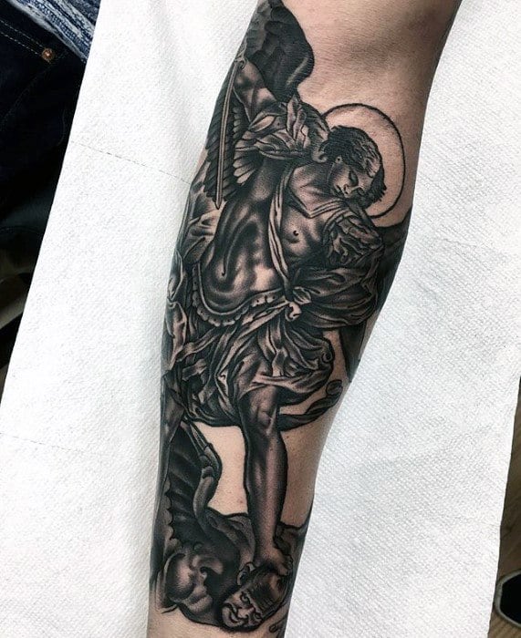Unique Mens Angel Statue Tattoos On Outer Forearm