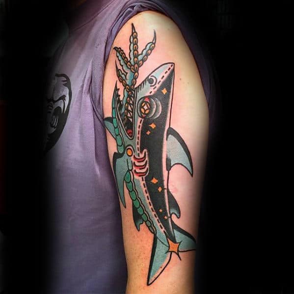 Unique Mens Artistic Traditional Shark Arm Tattoo