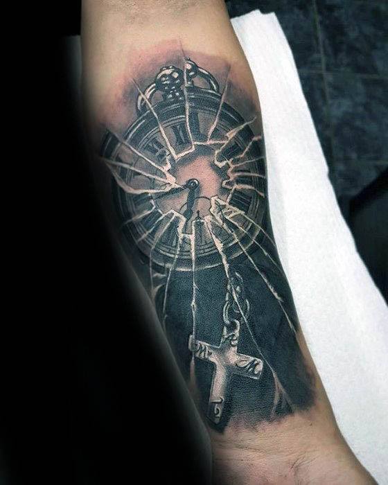 Unique Mens Broken Glass Tattoos On Inner Forearm With Cross