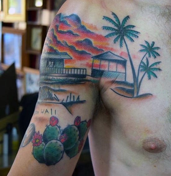 Unique Mens Chest And Arm Beach Tattoo
