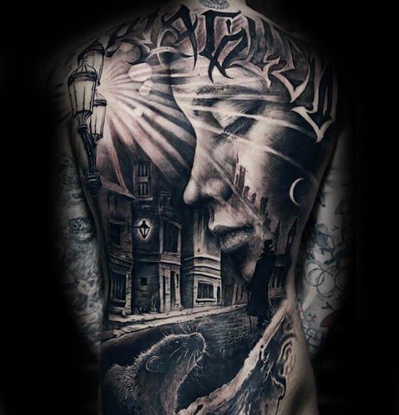 Unique Mens City Street With Female Portrait Awesome Back Tattoos