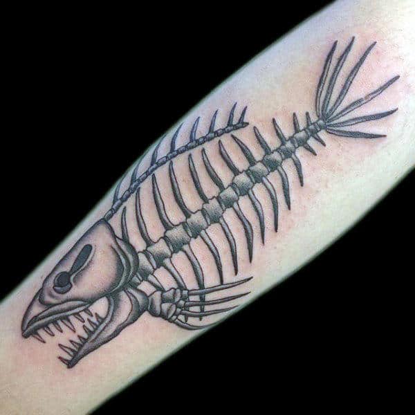 Unique Mens Fish Skeleton Inner Forearm Tattoo