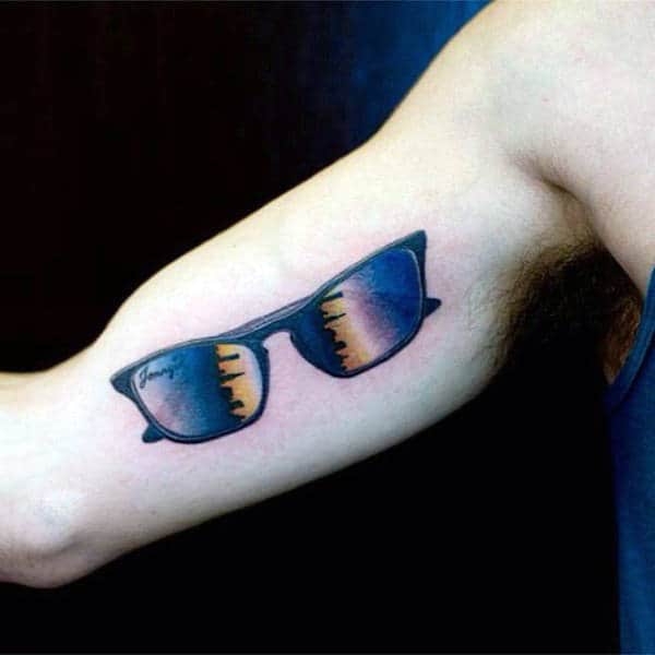 Unique Mens Glasses Skyline Tattoo On Inner Arm Biceps