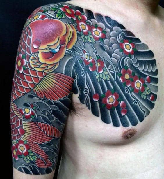 Unique Mens Half Sleeve Japanese Koi Fish Flower Arm And Chest Tattoo