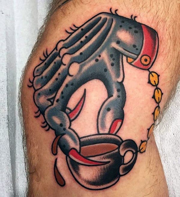 Unique Mens Hand With Chain And Coffee Cup Leg Tattoos