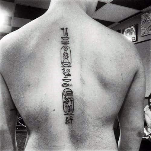 Unique Mens Hieroglyphics Spine Black Ink Tattoos