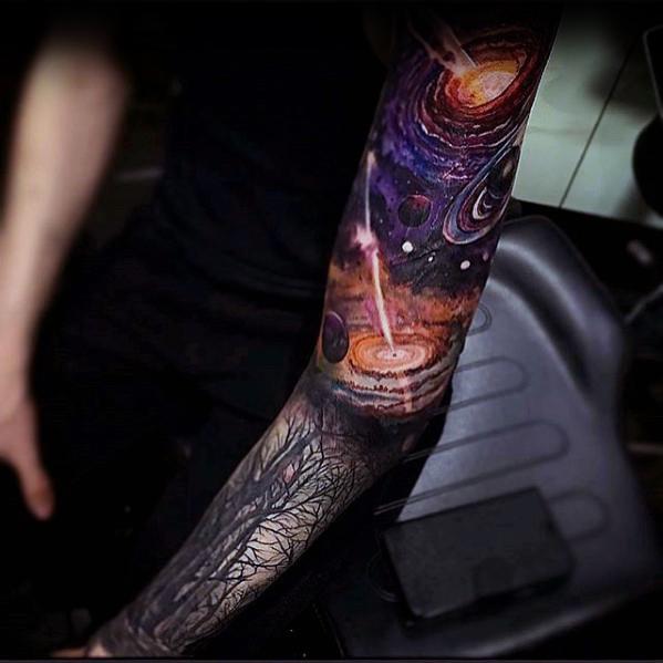 Unique Mens Incredible Outer Space Themed Full Arm Realistic 3d Tattoos