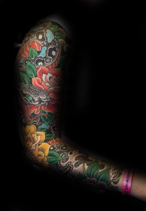 Unique Mens Japanese Flowers With Snake Arm Sleeve Tattoos