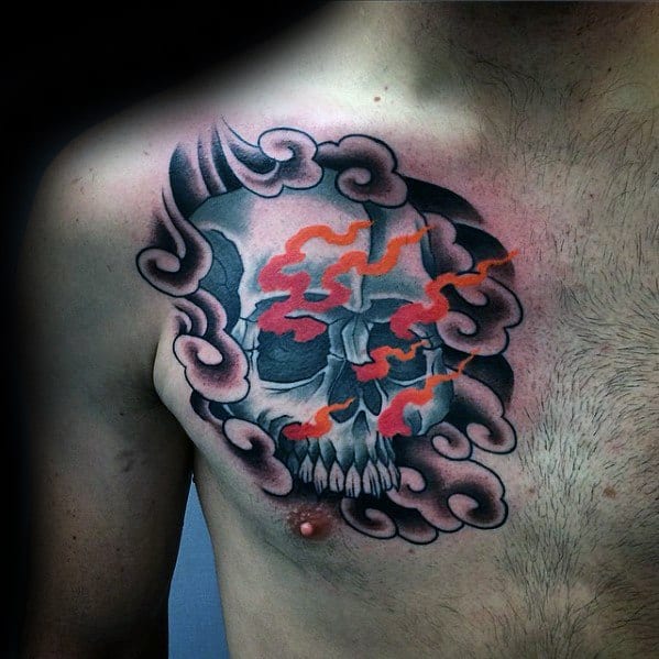 Unique Mens Japanese Smoke Clouds Flaming Skull Tattoos On Upper Chest Of Body