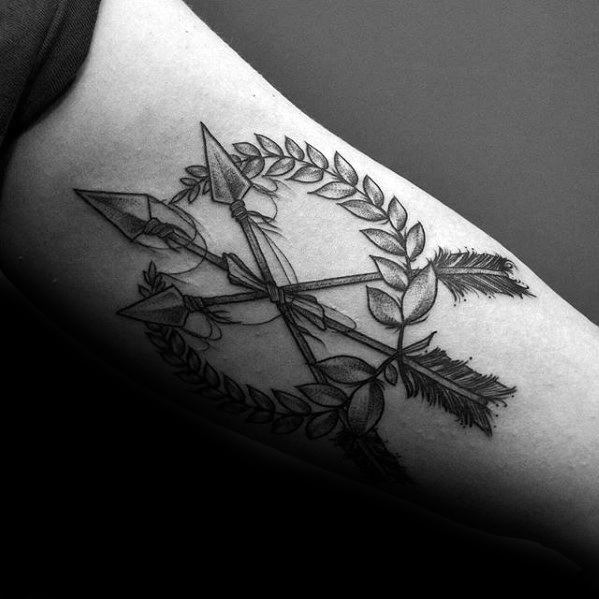 Unique Mens Laurel Wreath Tattoos With Arrow On Inner Arm Bicep