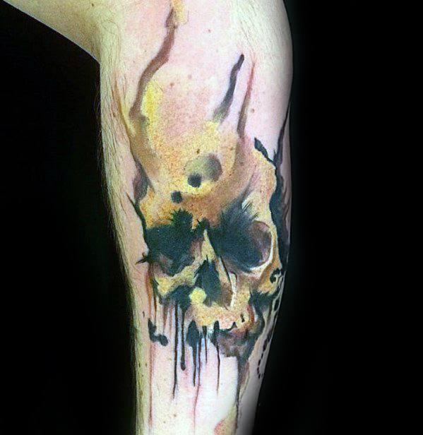 Unique Mens Leg Watercolor Skull Tattoos