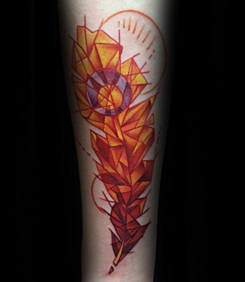 Unique Mens Orange And Yellow Forearm Geometric Feather Tattoos