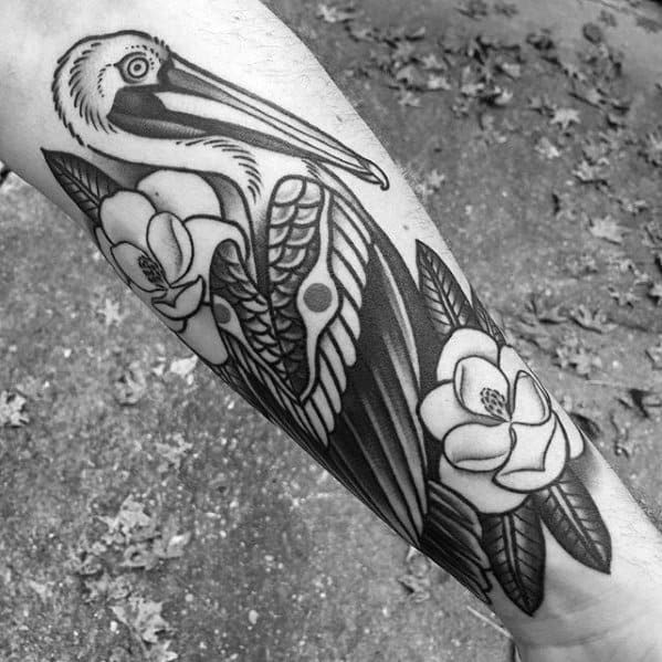 Unique Mens Pelican Old School Traditional Forearm Tattoos With Black And Grey Ink