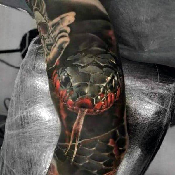 Unique Mens Red And Black 3d Snake Sleeve Tattoos