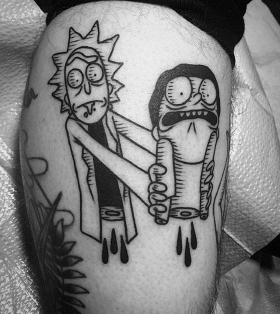 Unique Mens Rick And Morty Split In Half Leg Calf Tattoos