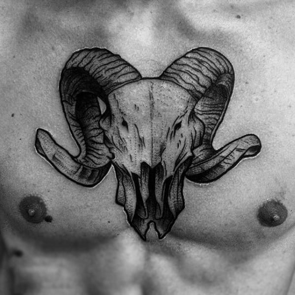 Unique Mens Shaded Animal Skull Center Of Chest Tattoo
