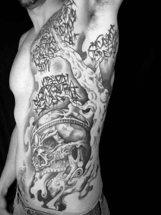 Unique Mens Skull Tree Tattoos On Rib Cage Side Of Body