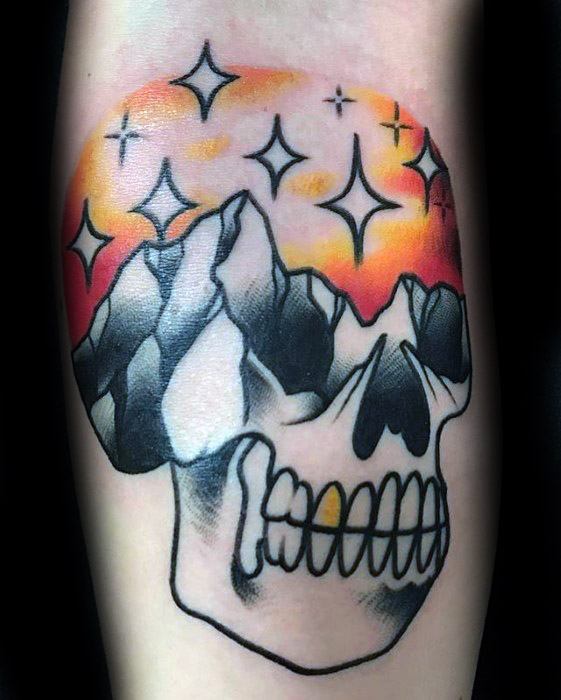 Unique Mens Skull With Mountains And Stars Vintage Tattoos
