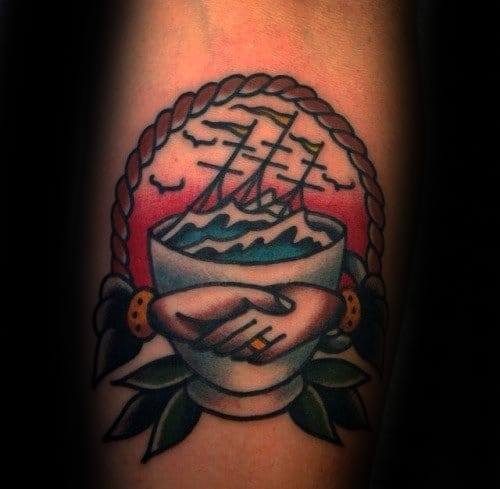 Unique Mens Traditional Handshake And Sinking Ship Tattoos On Forearms