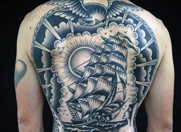 Unique Mens Traditional Sailing Ship Sun Rays Back Tattoo