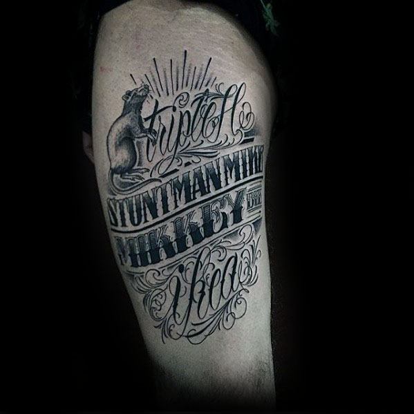 Unique Mens Typography Tattoos Thigh