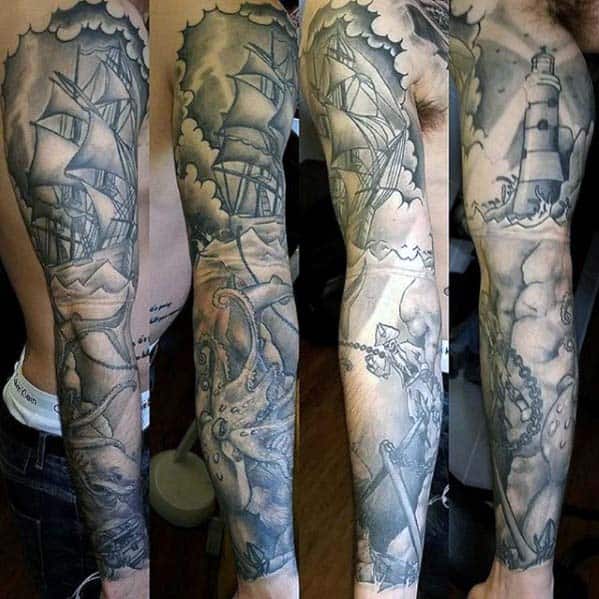 Unique Nautical Shaded Sleeve Tattoo On Gentleman