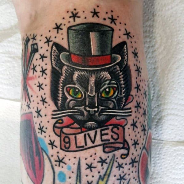 Unique Old School Traditional 9 Lives Cat Tattoos For Men