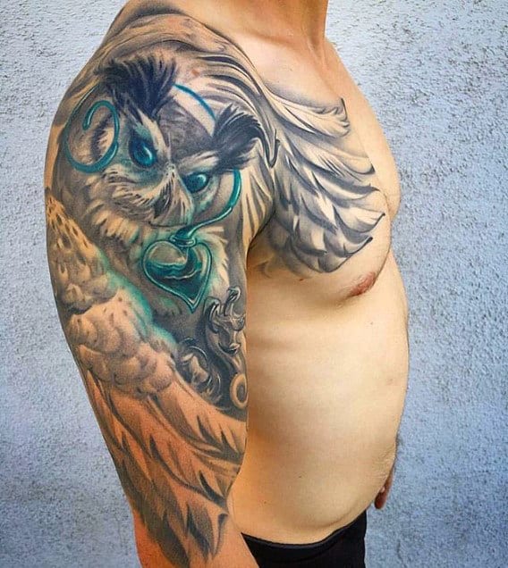 Unique Owl Feathers With Glowing Heart Mens Half Sleeve Tattoos