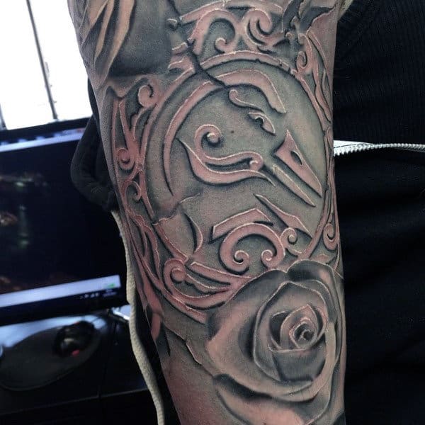 Unique Patterned Design Tatttoo With Rose And Duck Head On Man