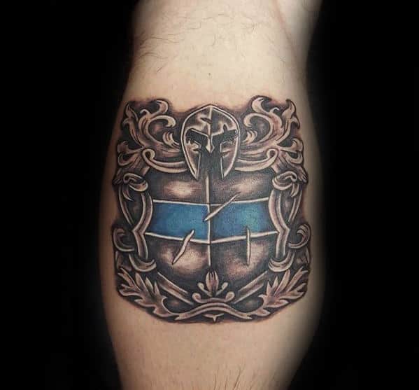 Unique Police Badge With Spartan Helmet And Thin Blue Line Mens Leg Calf Tattoos