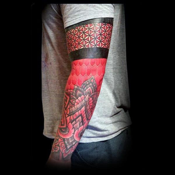 Unique Red Ink Full Sleeve Male Tattoo With Geometric Pattern