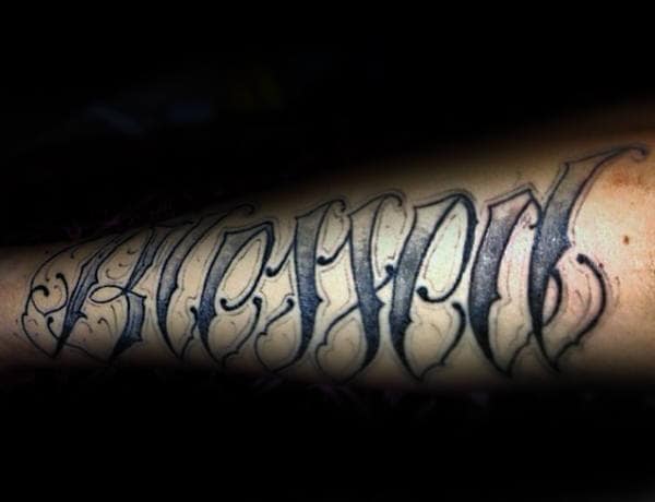 Unique Script Blessed Lettering Male Forearm Tattoo