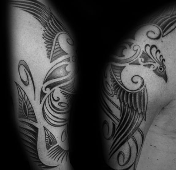 Unique Shaded Male Phoenix Arm And Shoulder Tribal Tattoo Designs