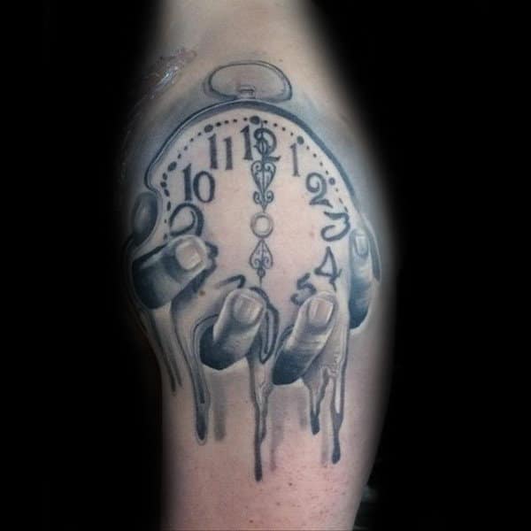 Unique Shaded Melting Clock Hand Mens Arm Tattoo Inspiration