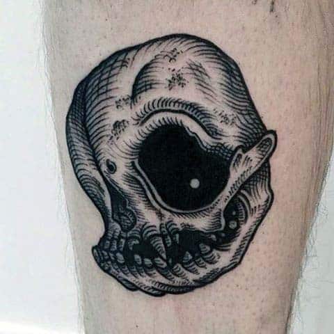 Unique Skull Woodcut Mens Leg Tattoo