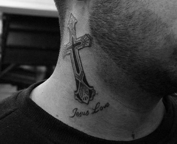 Unique Small Religious Guys Cross Tattoo On Neck