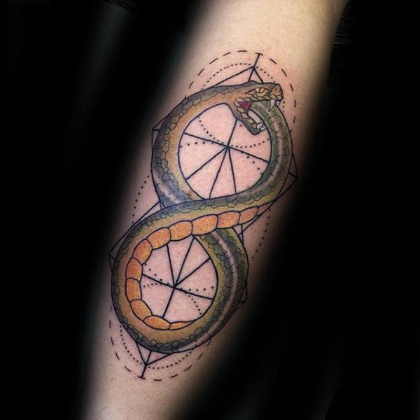 Unique Snake With Circles And Triangles Mens Ouroboros Forearm Tattoo