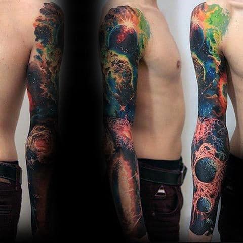 Universe Mens Unique Colorful Full Sleeve Tattoo Designs