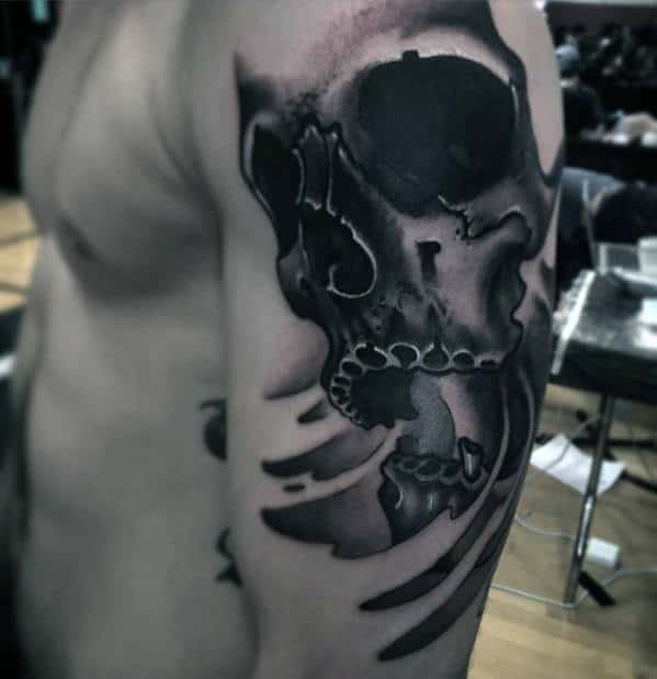 Unusual Guys Shaded Black And Grey Skull Tattoo Design On Arm