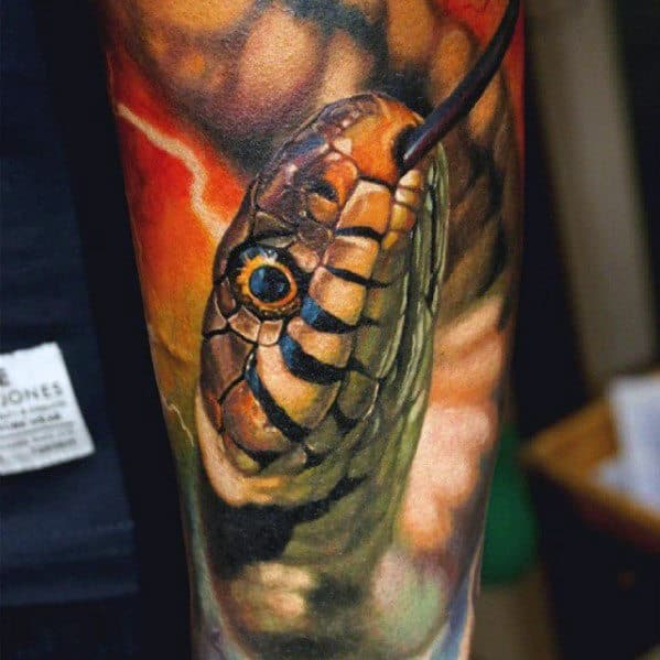 Up Close Detailed 3d Snake Mens Forearm Sleeve Tattoo