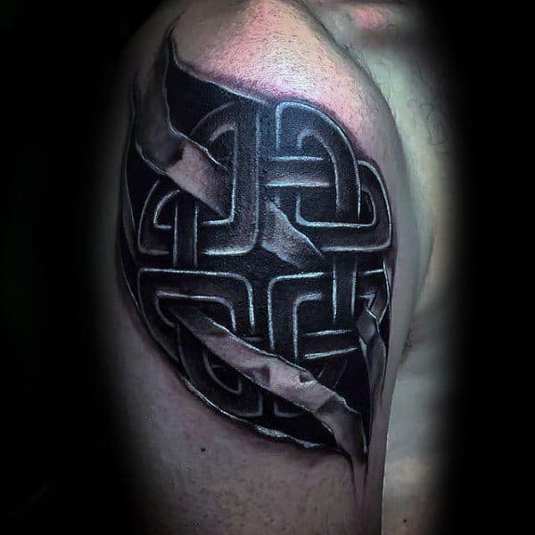 Upper Arm 3d Interlacing Celtic Knot Shield Tattoo On Man