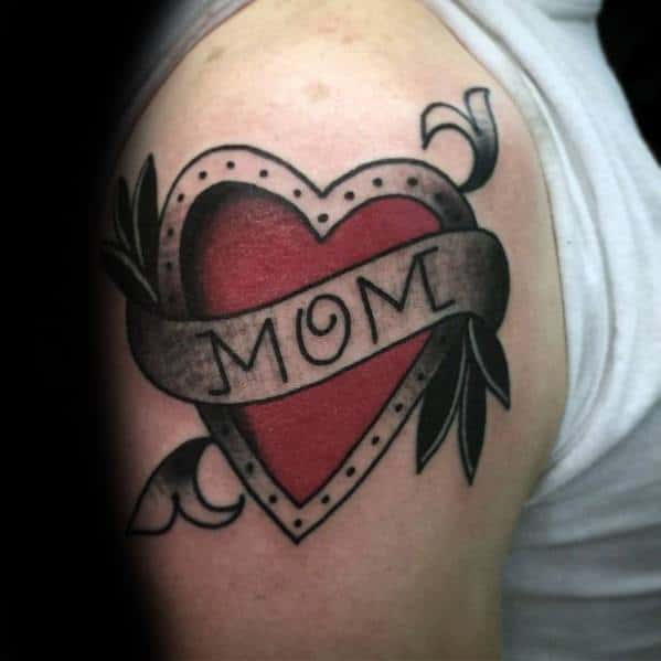 Upper Arm Black And Red Ink Heart Unique Mens Traditional Mom Tattoos