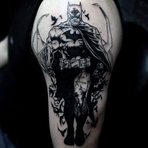 Upper Arm Black Ink Dark Mens Batman Tattoo Designs
