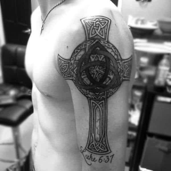 Upper Arm Celtic Cross Symbol Male Tattoos