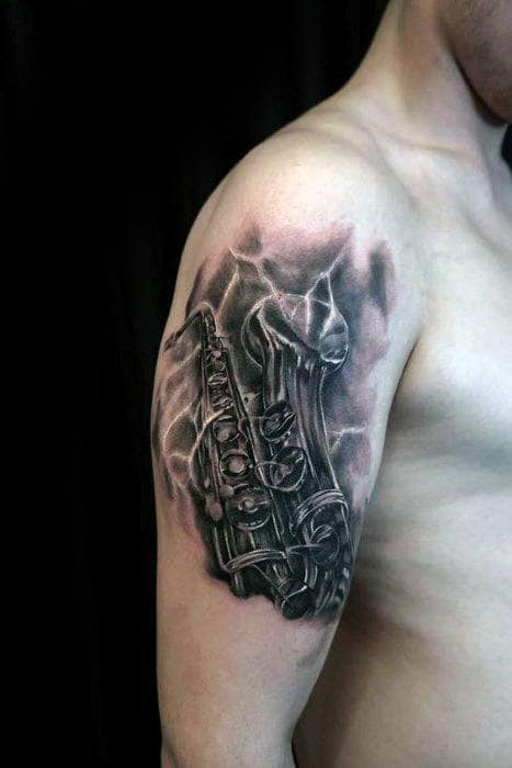 Upper Arm Electric Saxophone Mens Tattoo Ideas
