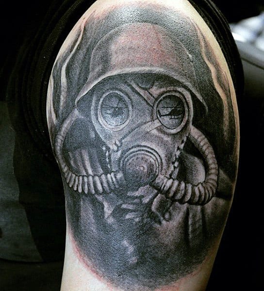 Upper Arm Gas Mask Tattoo With Helicopter In Lenses For Men