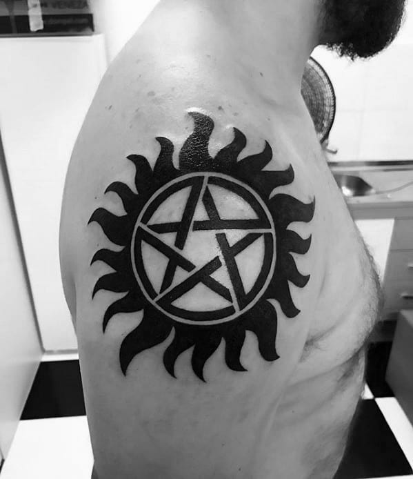 Upper Arm Guys Anti Possession Symbol Tattoos
