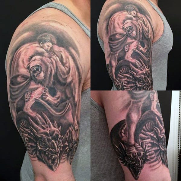 Upper Arm Guys Hercules Battling Lion Tattoo