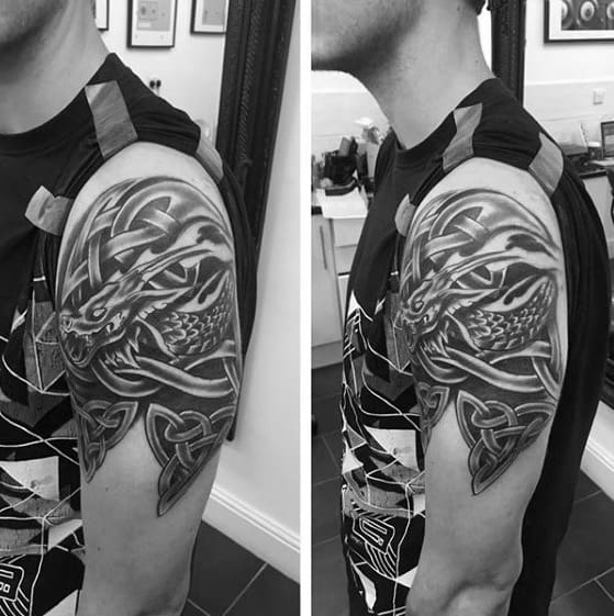 Upper Arm Guys Shaded Celtic Knot Dragon Tattoo Designs